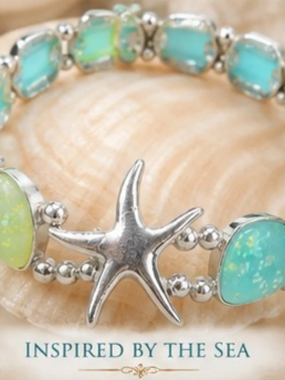 Sea Glass Starfish Bracelet 14K White Gold Plated Coastal Stretch NWOT